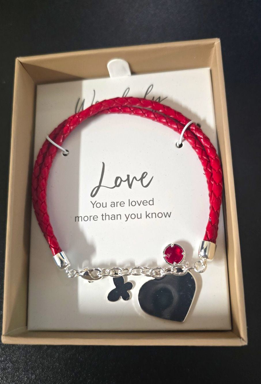 Wonderly Red Braided Faux Leather Cable Chain Bracelet Heart Love Clover Charm